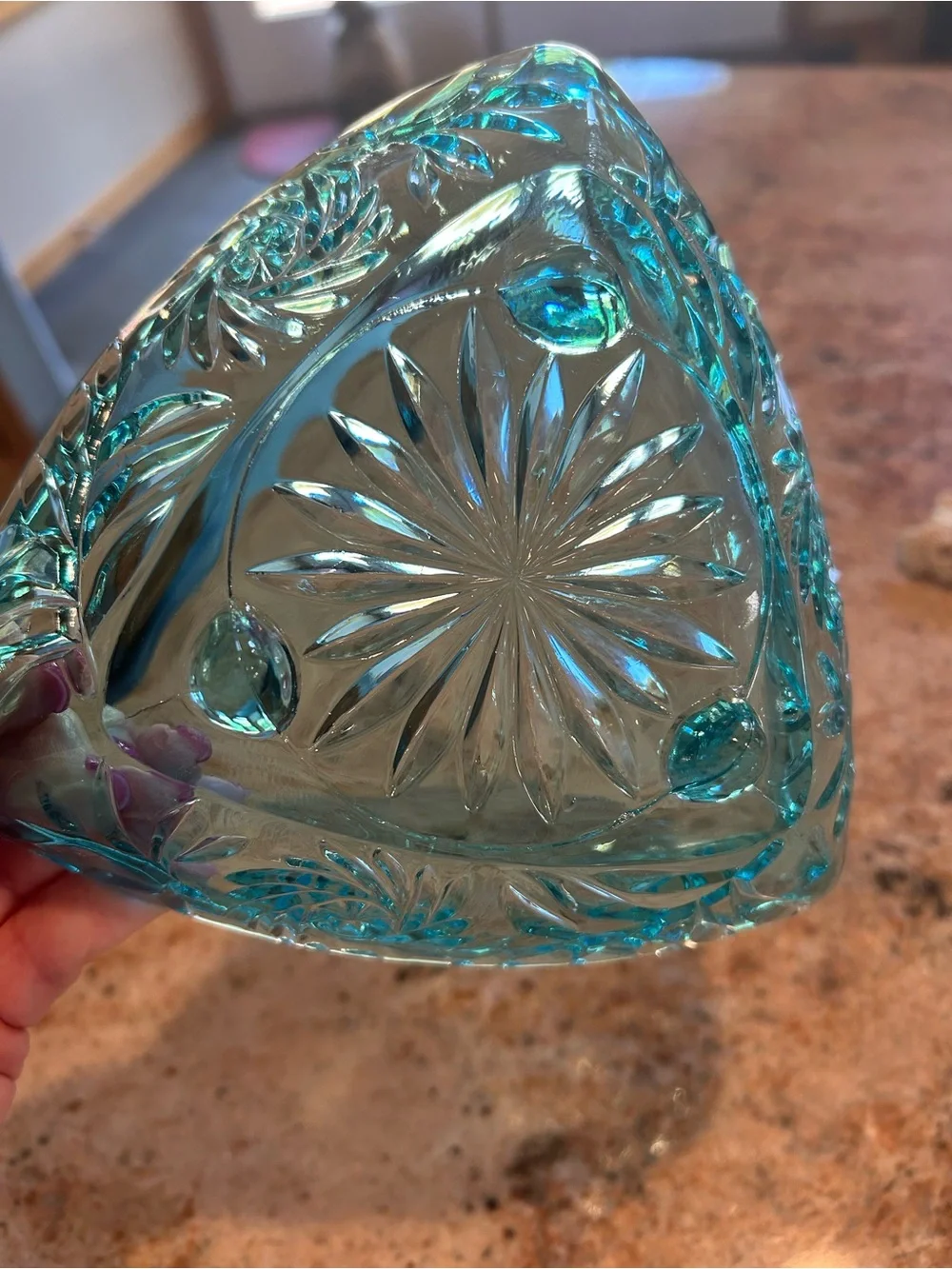 Hazel-Atlas “Capri Blue” Pinwheel Pressed Glass Triangle Covered Dish. MCM 1950
